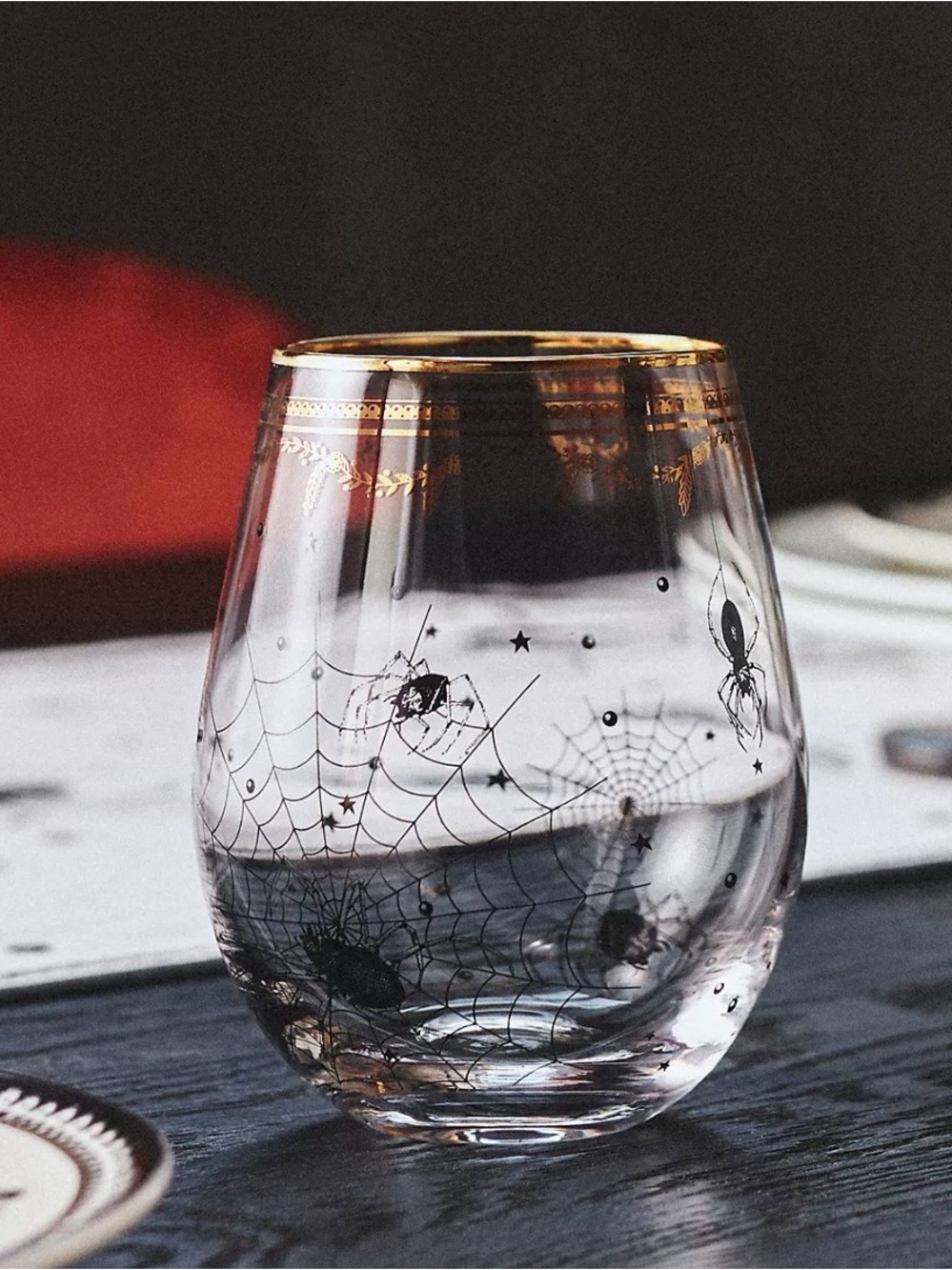 Anthropologie Florence Balducci Stemless Wine Glass *NWT* Halloween Spider Web